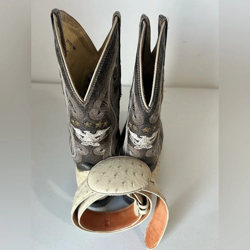 El General Genuine Ostrich Size 8.5 Boots + Matching Belt Wester Cowboy Men’s